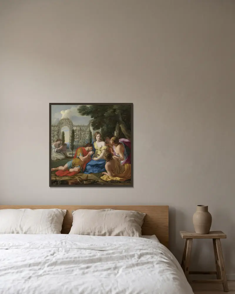 Polyphilus och Polia med nymfer på Kythera av Eustache Le Sueur inramad på en vägg