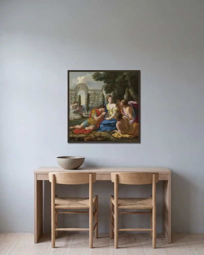 Polyphilus och Polia med nymfer på Kythera av Eustache Le Sueur inramad på en vägg