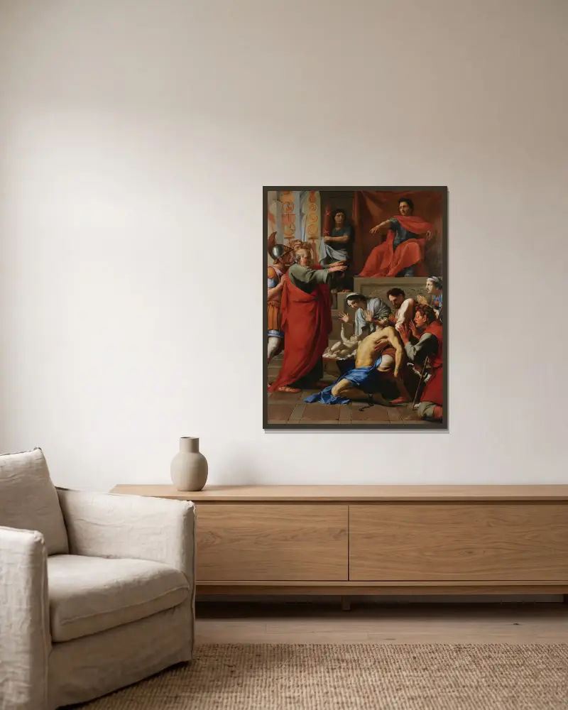 Der heilige Paulus treibt einen bösen Geist aus von Eustache Le Sueur gerahmt an einer Wand