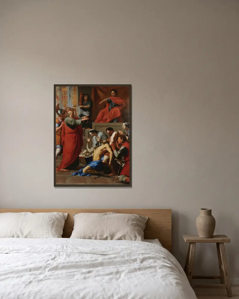 Der heilige Paulus treibt einen bösen Geist aus von Eustache Le Sueur gerahmt an einer Wand