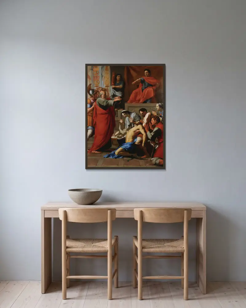 Der heilige Paulus treibt einen bösen Geist aus von Eustache Le Sueur gerahmt an einer Wand