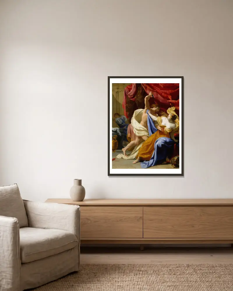 Tamars våldtäkt av Eustache Le Sueur inramad på en vägg