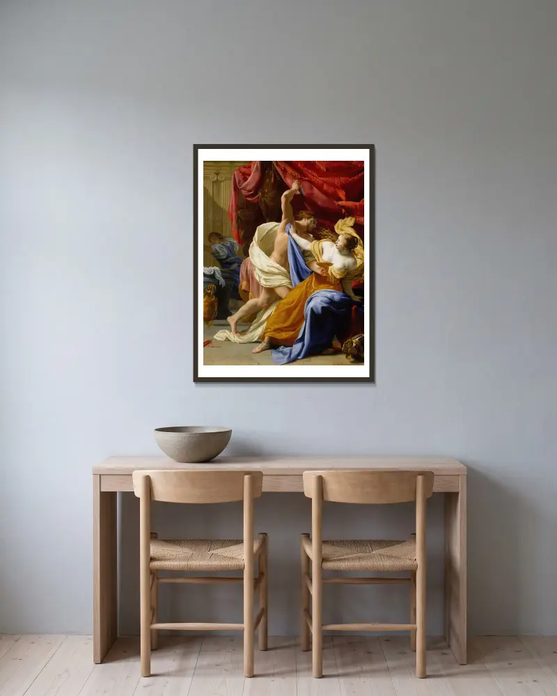 Tamars våldtäkt av Eustache Le Sueur inramad på en vägg