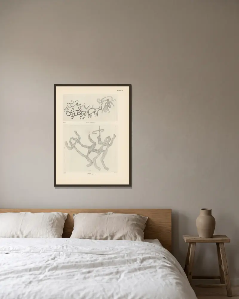 Ekade Ektab: Felsbilder aus Fezzan, Tafel 56 von Leo Frobenius gerahmt an einer Wand