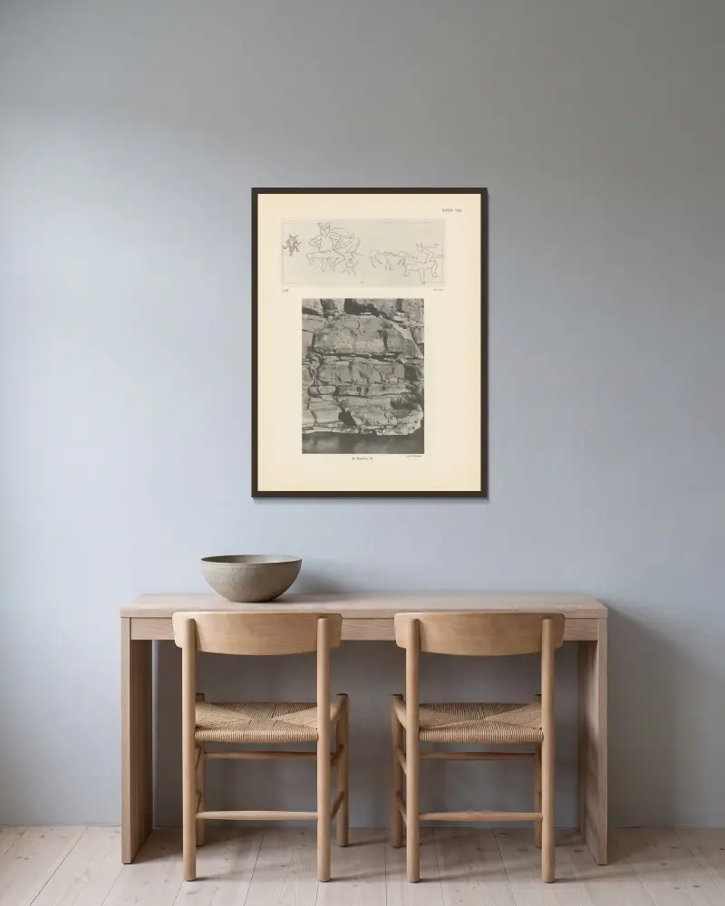 Ekade Ektab: Die Felsbilder Fezzans, Tafel 57 von Leo Frobenius gerahmt an einer Wand