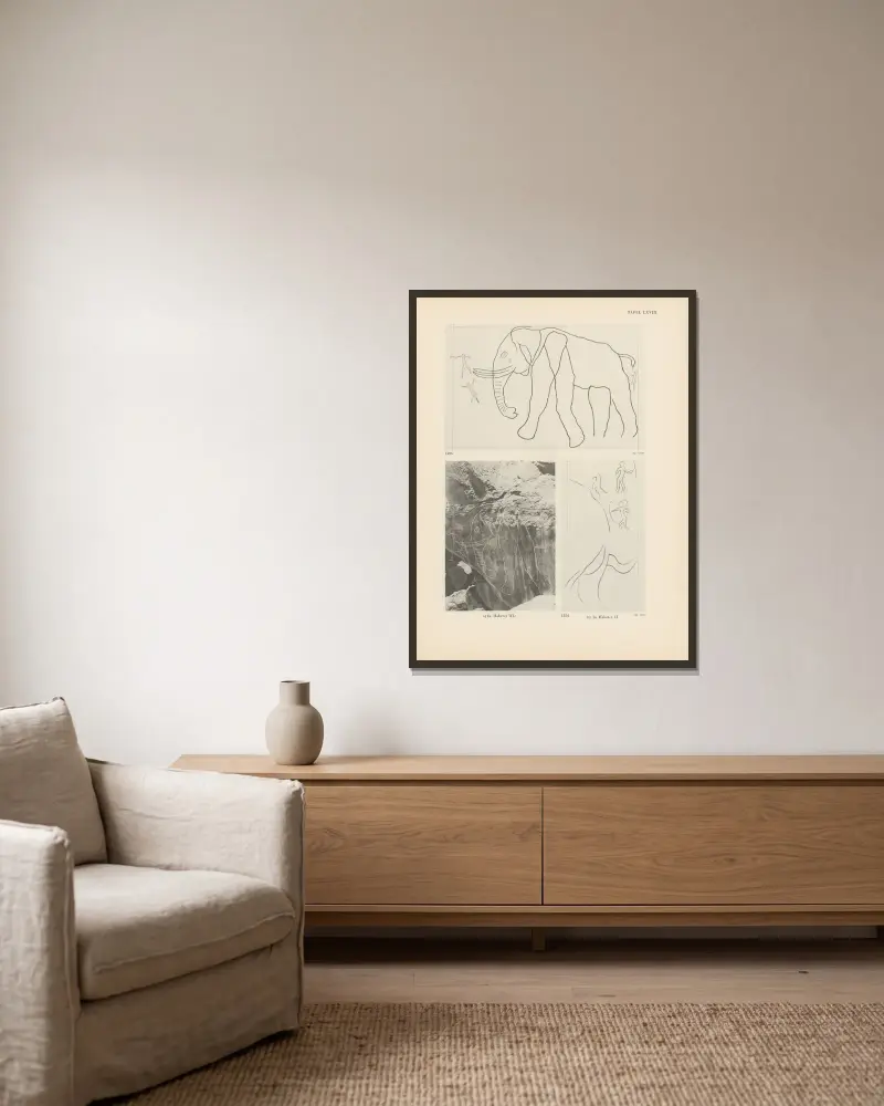 Ekade Ektab, die Felsbilder Fezzans, Tafel 63 von Leo Frobenius gerahmt an einer Wand