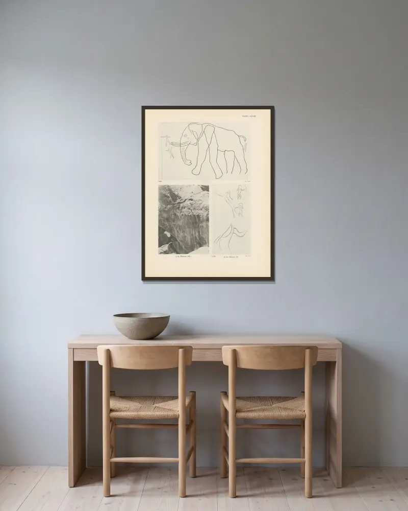 Ekade Ektab, die Felsbilder Fezzans, Tafel 63 von Leo Frobenius gerahmt an einer Wand