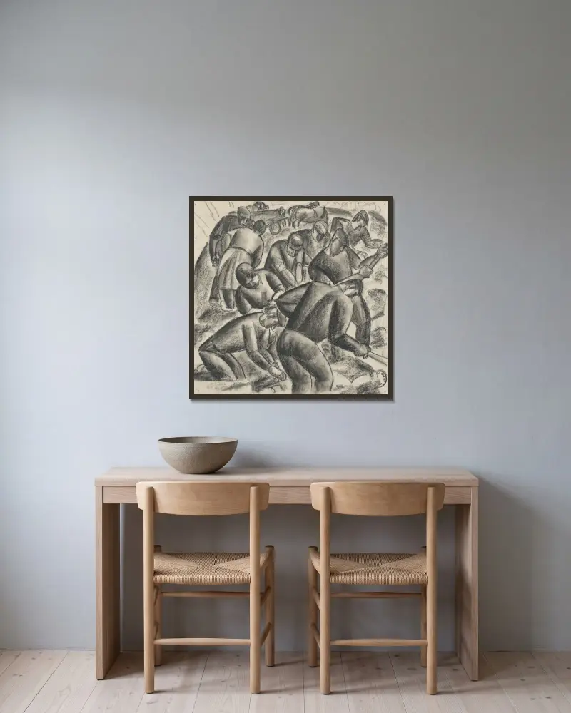 Potatisplockare i arbete på fältet av Leo Gestel inramad på en vägg