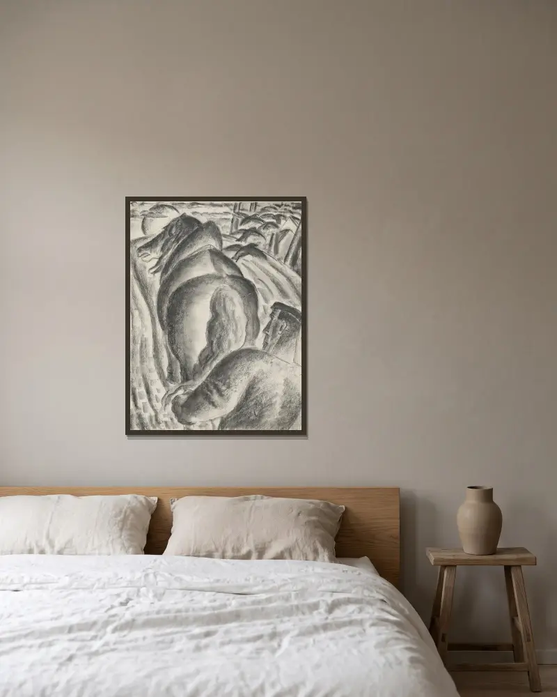 Bauer mit Pflug und Zugpferd von Leo Gestel gerahmt an einer Wand