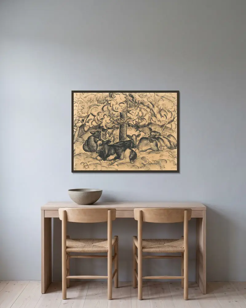 Boomgaard met kalveren av Leo Gestel inramad på en vägg