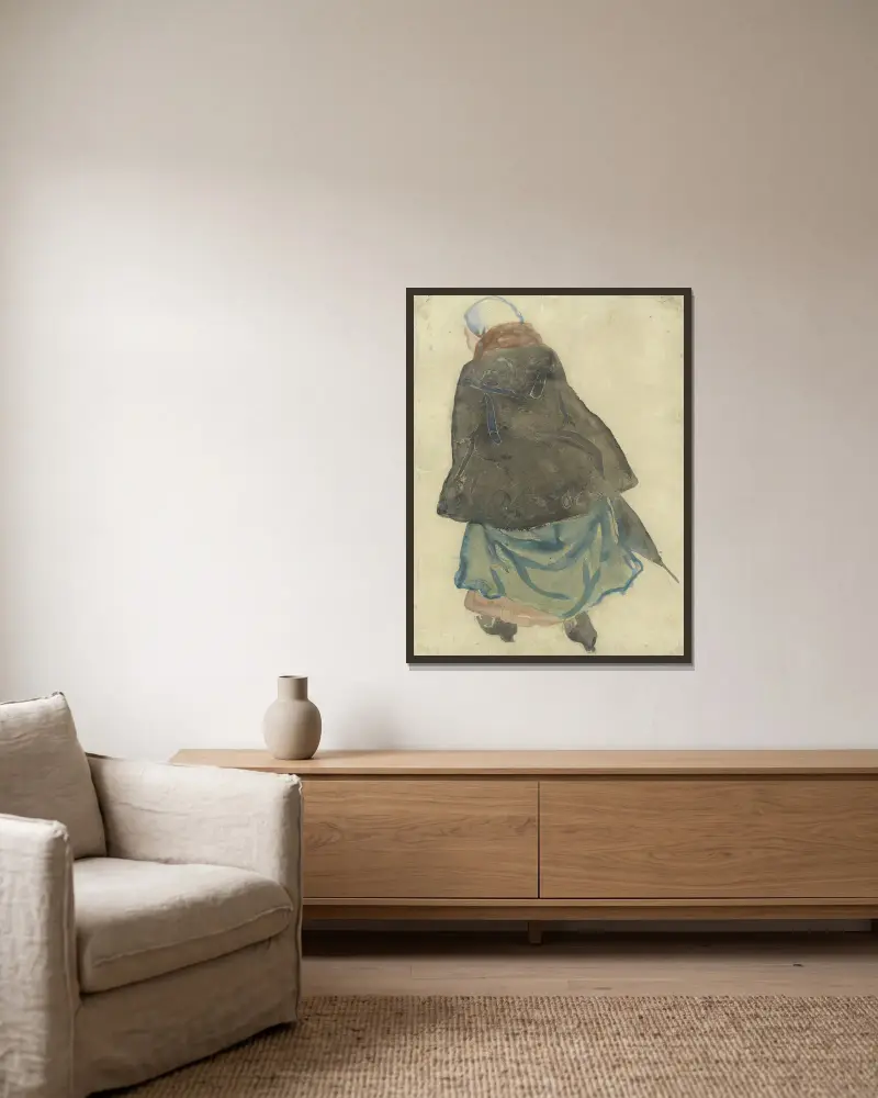Gående kvinna med cape och paraply, sedd bakifrån av Leo Gestel inramad på en vägg