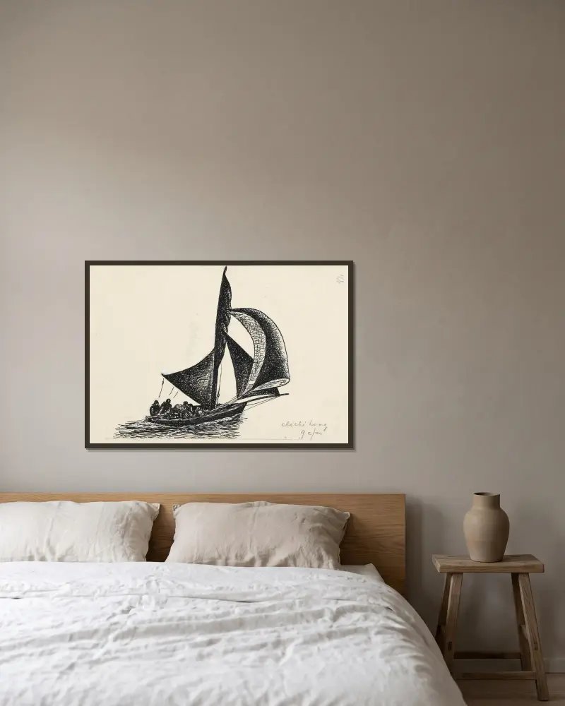 Bokillustration för Alexander Cohens Van Anarchie tot Monarchie; Segelbåt av Leo Gestel inramad på en vägg