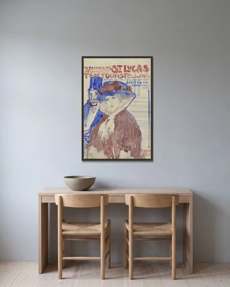 Ontwerp voor de afiche van de 19e jaarlijkse Tentoonstelling van Vereening St. Lukas in het Stedelijk Museum te Amsterdam av Leo Gestel inramad på en vägg