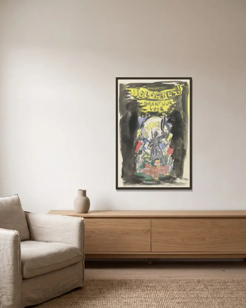Entwurfsskizze für ein Plakat zur Propaganda des Kunstschutzes in der Armee, Skizze eines frontal gesehenen Soldaten, der auf einer Ziegelsteinmauer steht, darüber der Text „Soldaten ! waakt ook voor Kunst“ von Leo Gestel gerahmt an einer Wand