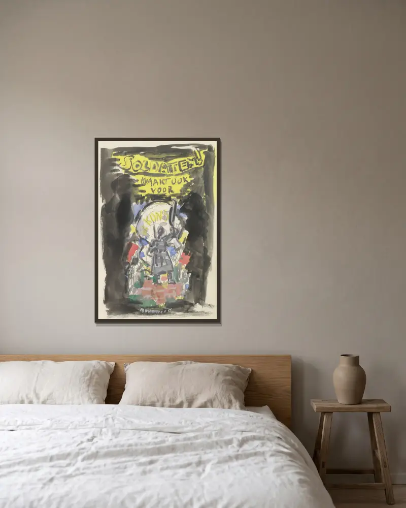 Entwurfsskizze für ein Plakat zur Propaganda des Kunstschutzes in der Armee, Skizze eines frontal gesehenen Soldaten, der auf einer Ziegelsteinmauer steht, darüber der Text „Soldaten ! waakt ook voor Kunst“ von Leo Gestel gerahmt an einer Wand