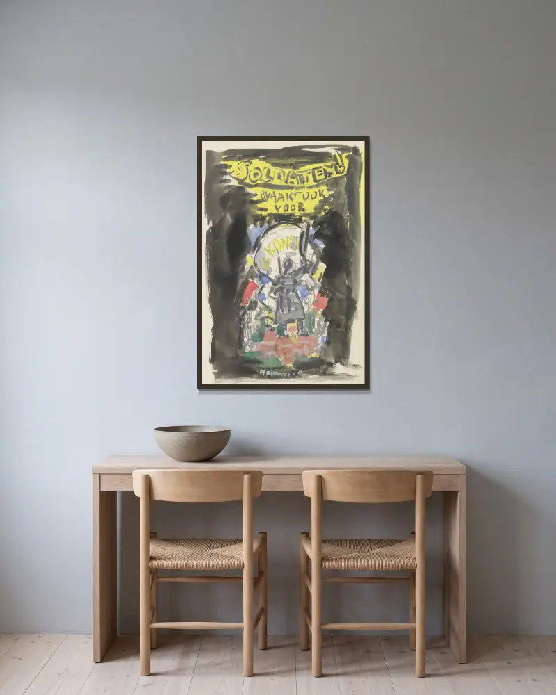 Entwurfsskizze für ein Plakat zur Propaganda des Kunstschutzes in der Armee, Skizze eines frontal gesehenen Soldaten, der auf einer Ziegelsteinmauer steht, darüber der Text „Soldaten ! waakt ook voor Kunst“ von Leo Gestel gerahmt an einer Wand