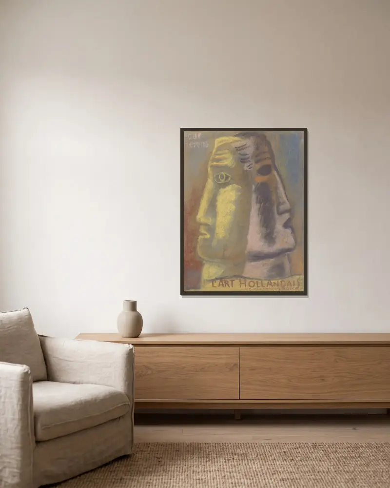 Skiss till Paul Fierens 'l'Art Hollandais contemporain'; två manshuvuden i profil, bortvända från varandra av Leo Gestel inramad på en vägg
