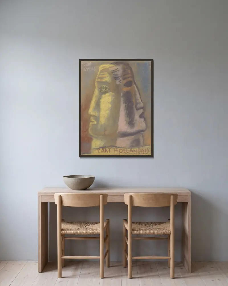Skiss till Paul Fierens 'l'Art Hollandais contemporain'; två manshuvuden i profil, bortvända från varandra av Leo Gestel inramad på en vägg