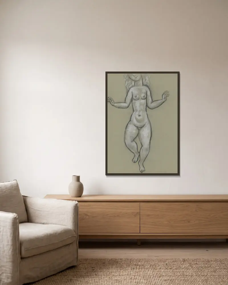 Schetsblad met dansende naakte vrouw av Leo Gestel inramad på en vägg