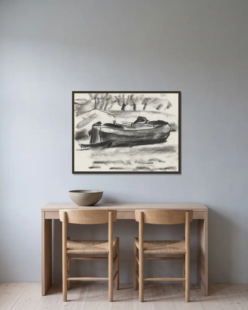 Skissblad med ett fartyg med en man ombord av Leo Gestel inramad på en vägg