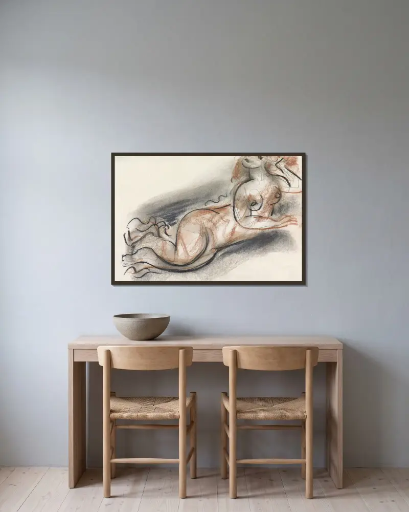 Skissblad med liggande kvinnlig nakenhet av Leo Gestel inramad på en vägg