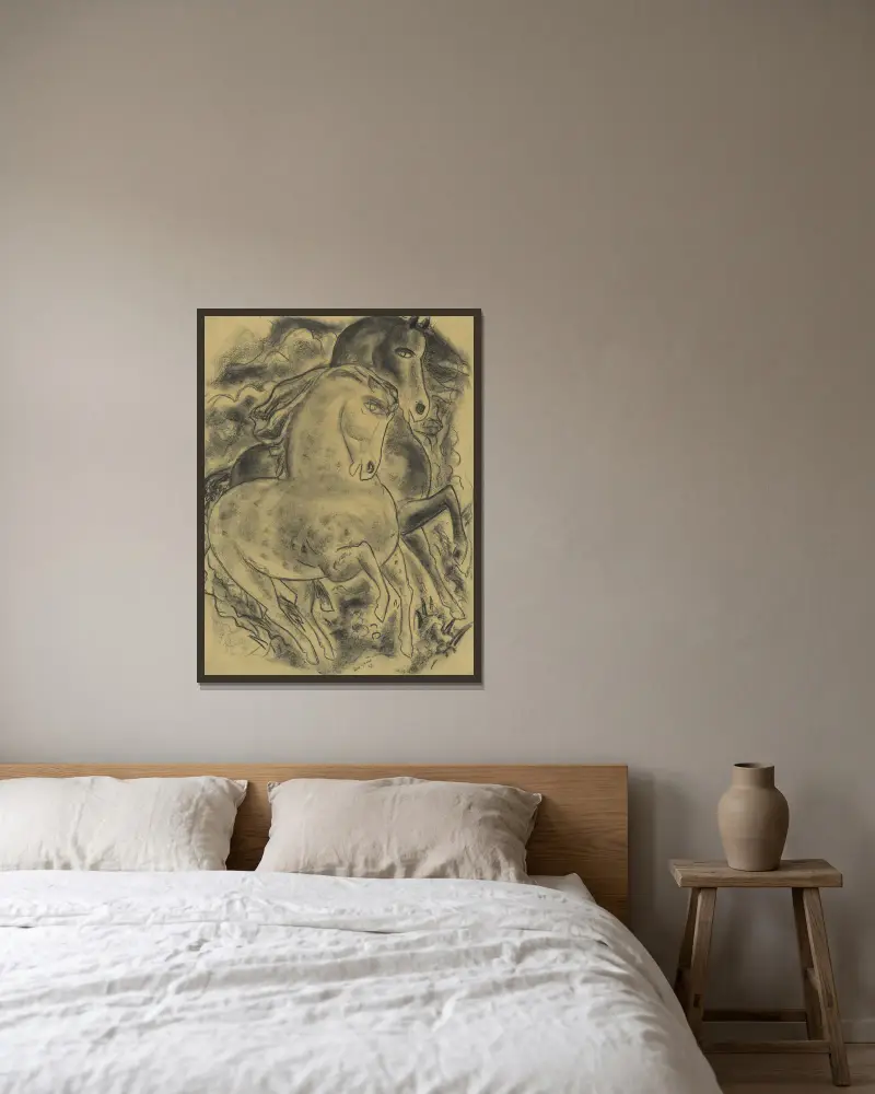 Skizzenblatt mit zwei Pferden von Leo Gestel gerahmt an einer Wand