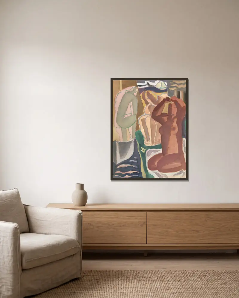 Dvě koupající se ženy a figura zezadu, Leo Gestel v rámu na stěně
