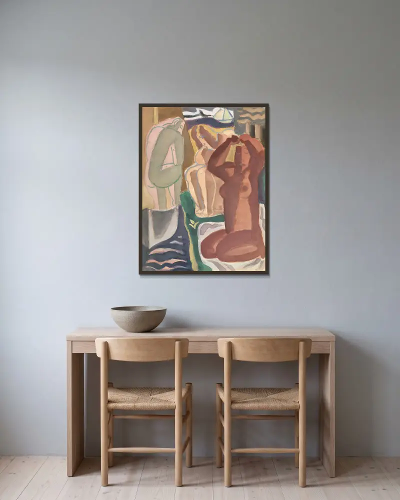 Dvě koupající se ženy a figura zezadu, Leo Gestel v rámu na stěně