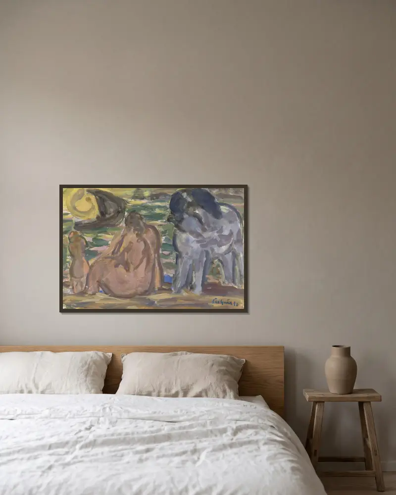 Zwei nackte Figuren und ein Pferd am Meer von Leo Gestel gerahmt an einer Wand