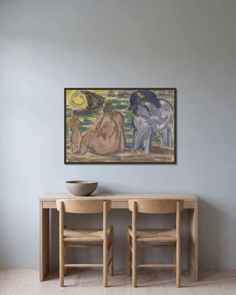 Zwei nackte Figuren und ein Pferd am Meer von Leo Gestel gerahmt an einer Wand