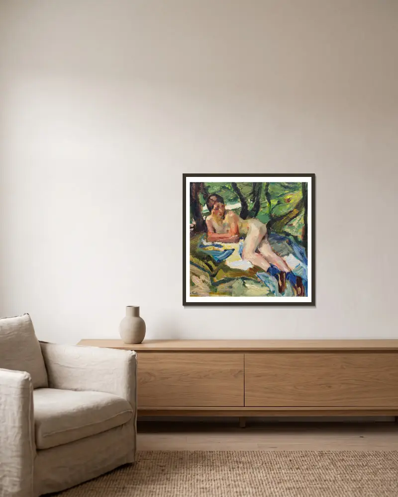 Aktstudie zu den Badenden II av Leo Putz inramad på en vägg