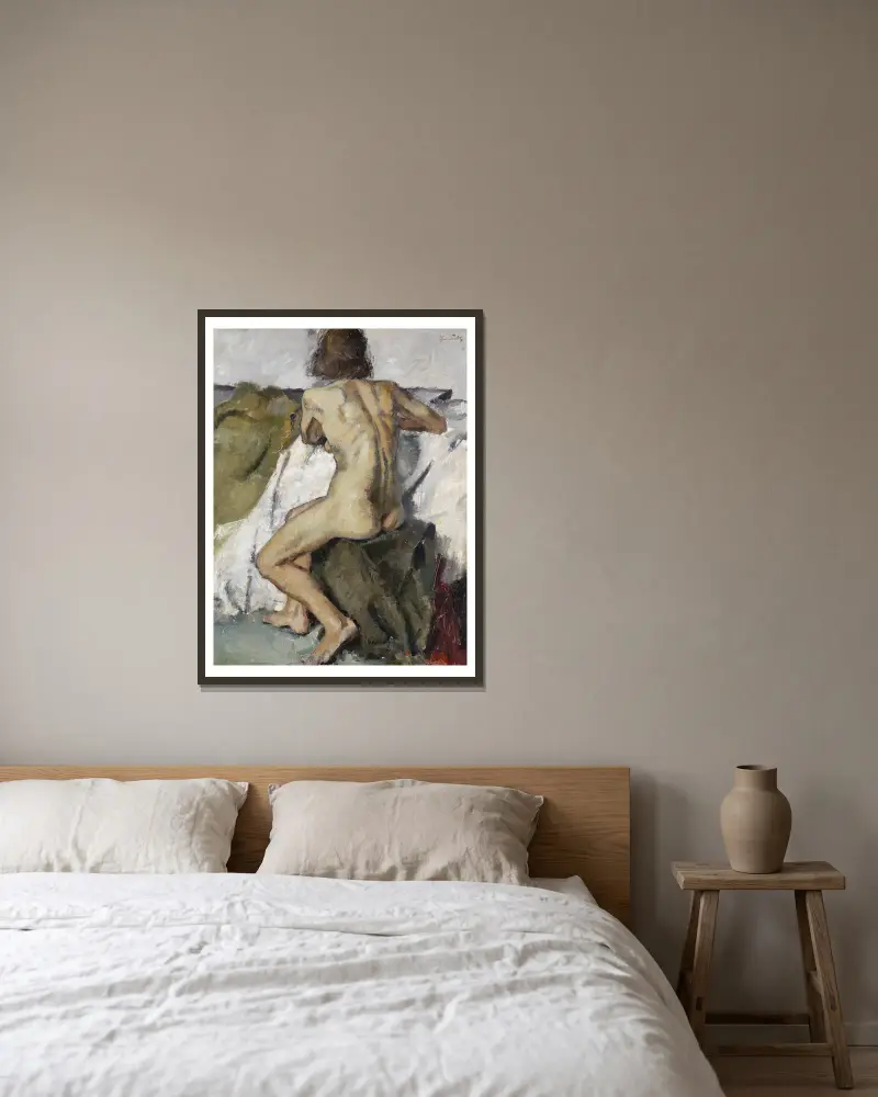 Sitzender weiblicher Rückenakt av Leo Putz inramad på en vägg