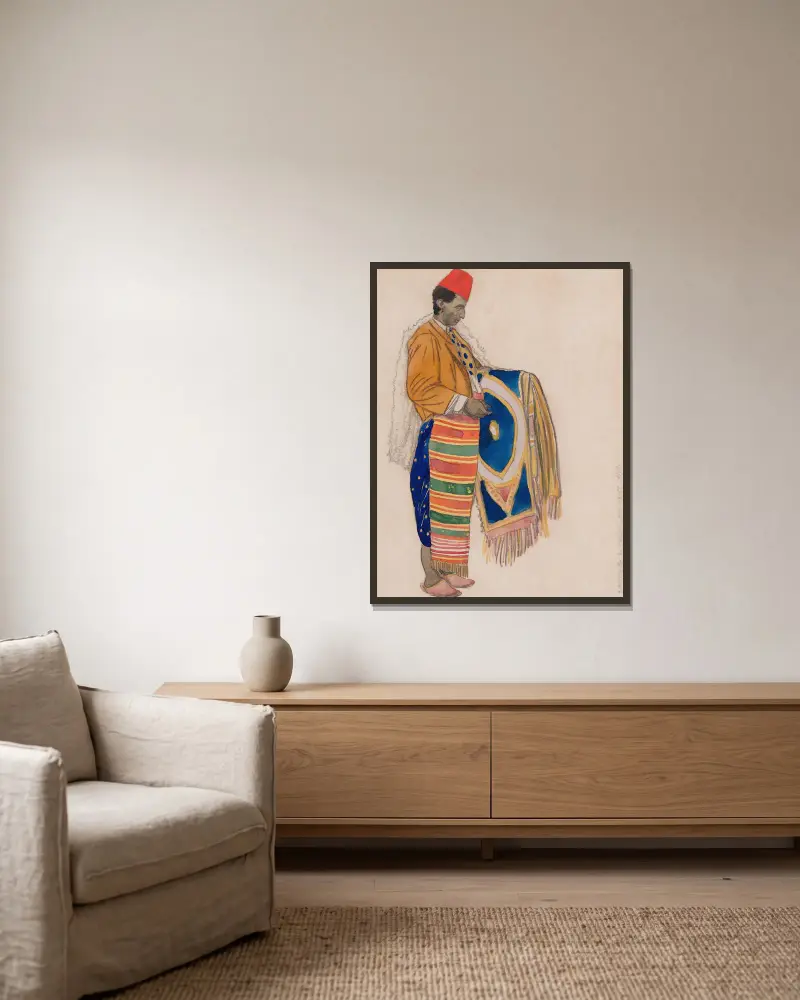 Kostymdesign för Aladin ou la Lampe Merveilleuse; Mattförsäljaren av Léon Bakst inramad på en vägg