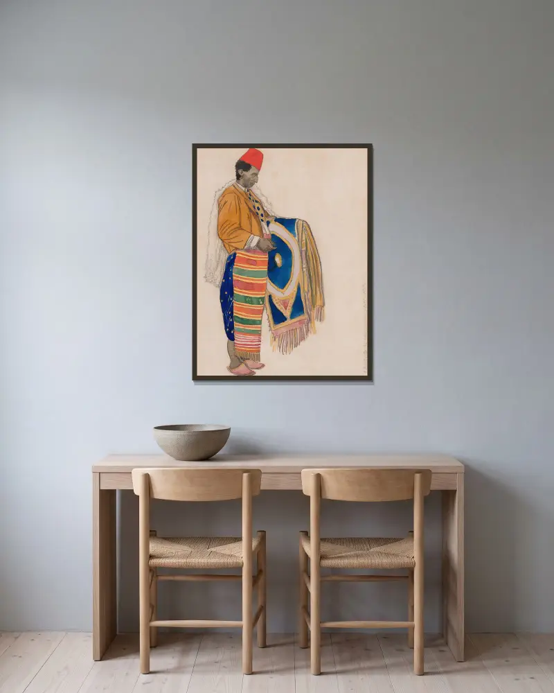 Kostymdesign för Aladin ou la Lampe Merveilleuse; Mattförsäljaren av Léon Bakst inramad på en vägg