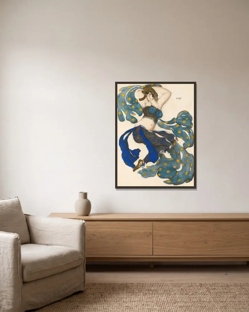 Kostymdesign för en odalisk i Sheherazade av Léon Bakst inramad på en vägg