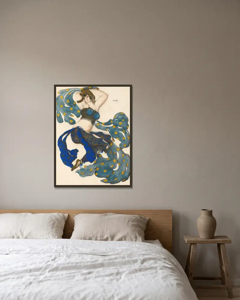 Kostymdesign för en odalisk i Sheherazade av Léon Bakst inramad på en vägg