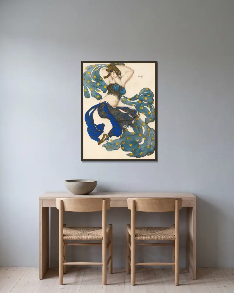 Kostymdesign för en odalisk i Sheherazade av Léon Bakst inramad på en vägg