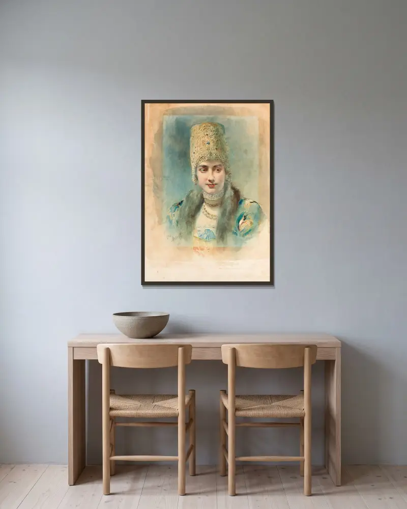 Flicka med kokosjnik och pärlhalsband av Léon Bakst inramad på en vägg