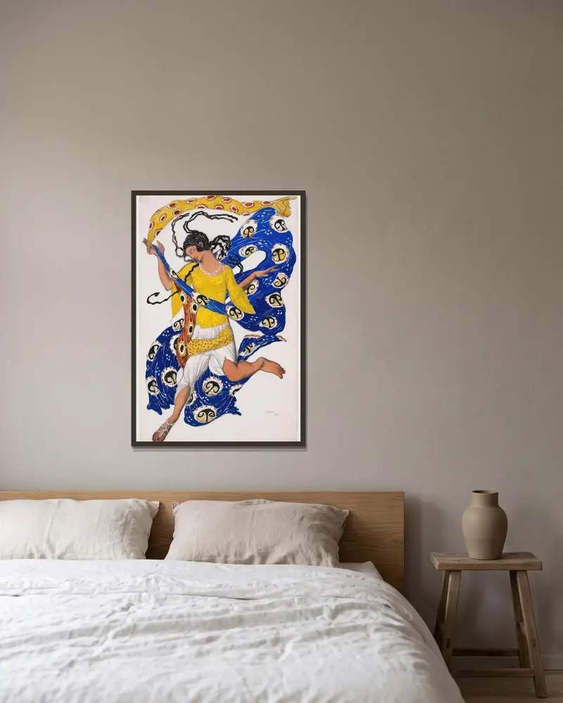 Der Schmetterling (Kostümentwurf für Anna Pawlowa) von Léon Bakst gerahmt an einer Wand