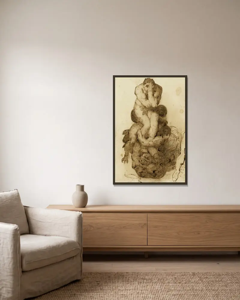 Studie av en fördömd från Yttersta domen i Sixtinska kapellet i Rom, efter Michelangelo av Léon Bonnat inramad på en vägg