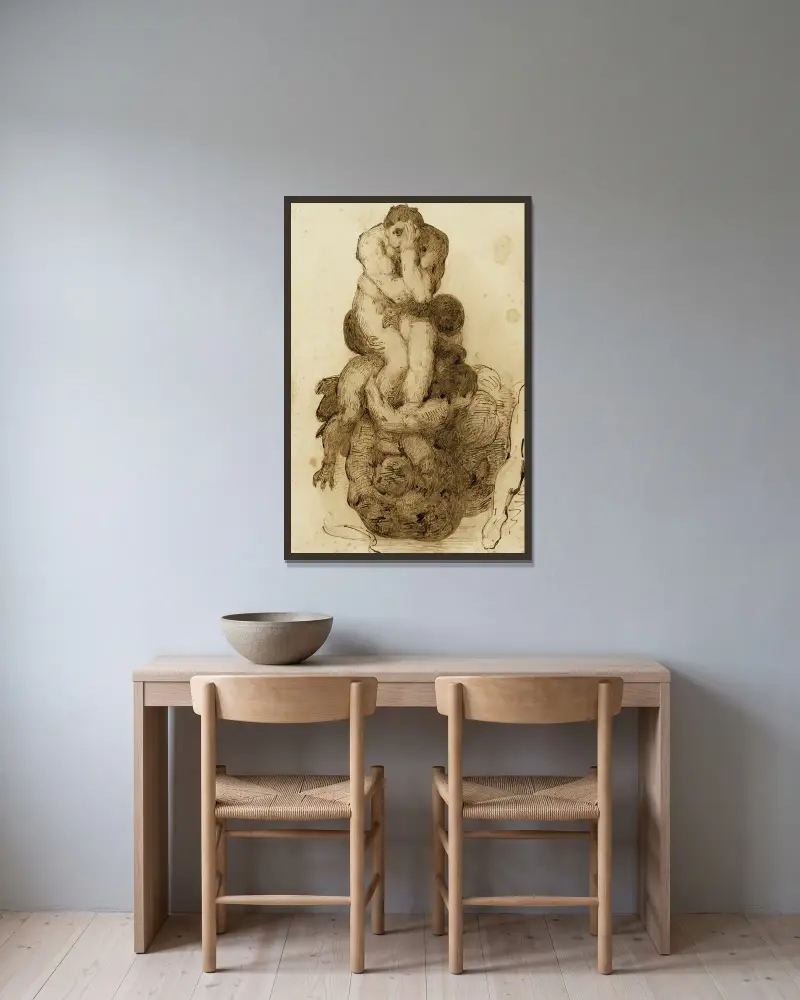 Studie av en fördömd från Yttersta domen i Sixtinska kapellet i Rom, efter Michelangelo av Léon Bonnat inramad på en vägg