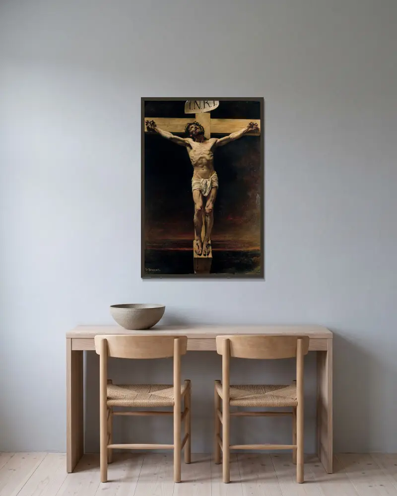 Le Christ en croix av Léon Bonnat inramad på en vägg