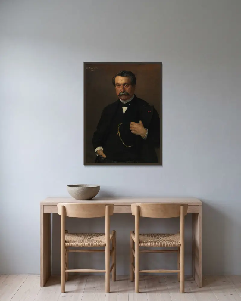 Porträtt av Jean Léglise, köpman och borgmästare i Saint-Martin-de-Seignanx av Léon Bonnat inramad på en vägg