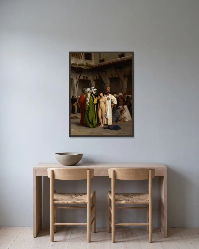 Der Sklavenmarkt von Jean-Léon Gérôme gerahmt an einer Wand
