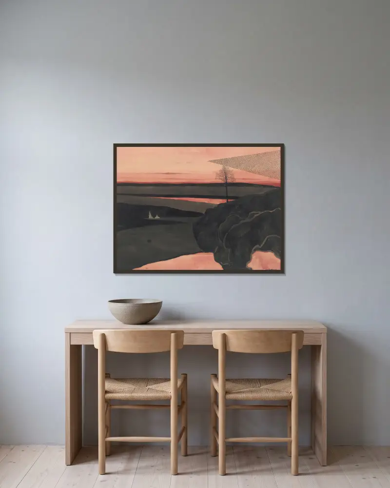 Landskap i röd kvällsglöd med flyttfåglar av Léon Spilliaert inramad på en vägg
