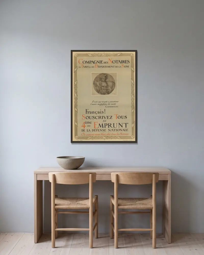 Compagnie des notaires de Paris et du département de la Seine. Français ! Souscrivez tous au 4ème Emprunt de la Défense nationale von Adolphe Léon Willette gerahmt an einer Wand