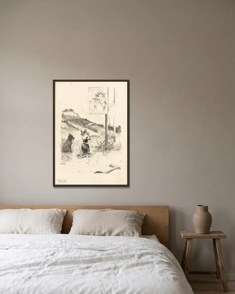 Dessin originel av Adolphe Léon Willette inramad på en vägg