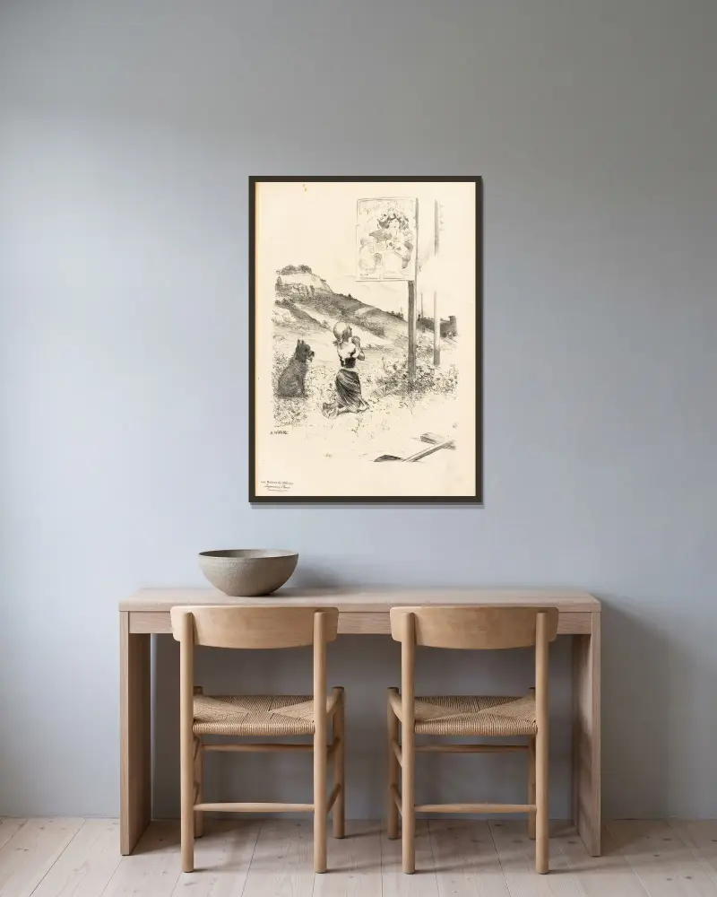 Dessin originel av Adolphe Léon Willette inramad på en vägg
