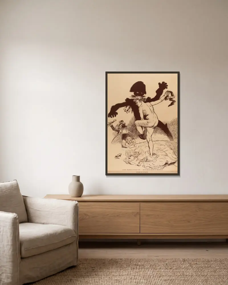 Die entkleidete Revue von Herrn Jean d'Arc von Adolphe Léon Willette gerahmt an einer Wand