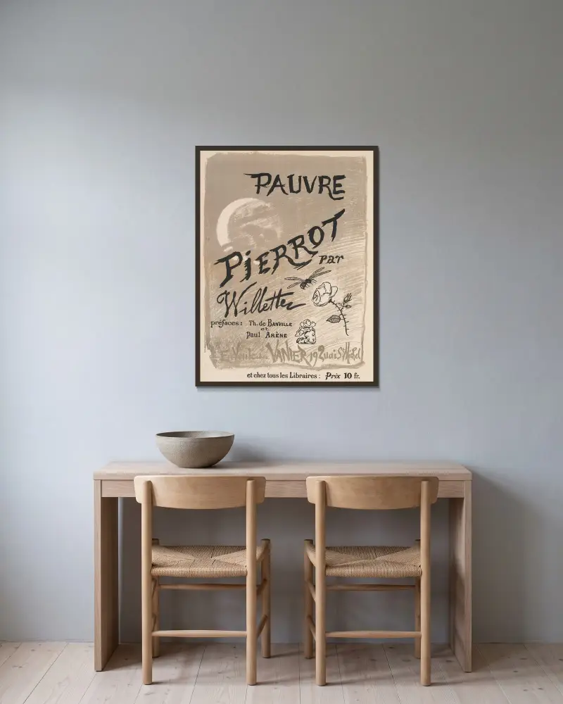 Stackars Pierrot av Willette med förord av Th. de Banville och Paul Arène. Till salu hos Vanier, 19 Quai St Michel, m.fl. av Adolphe Léon Willette inramad på en vägg